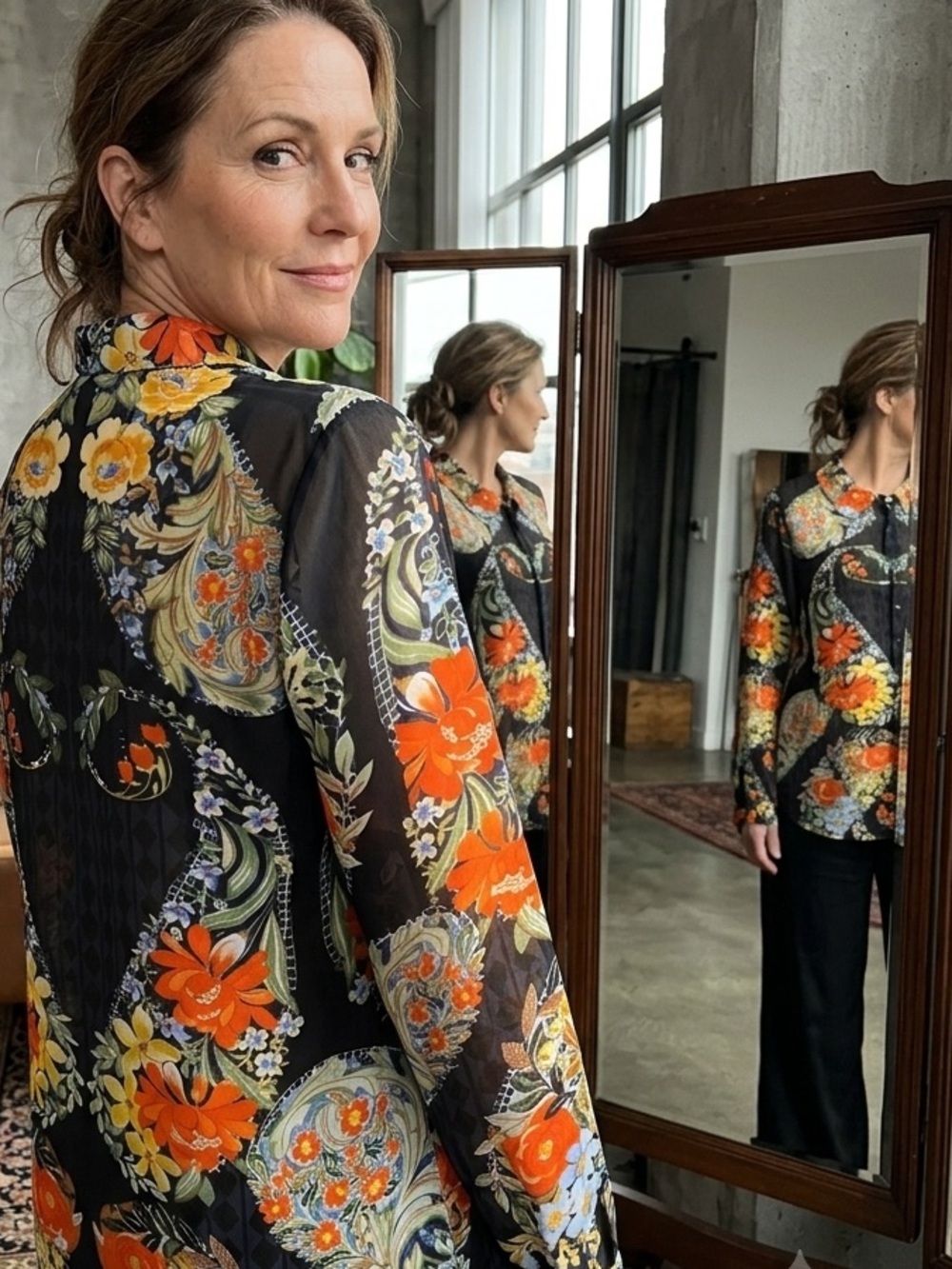 CAbi Sheer Navy & Orange Floral Button-Down Top (Style 3072)